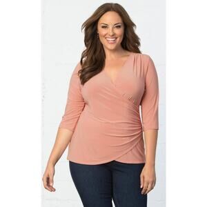 Kiyonna Top 1X Femme Fatale Faux Wrap Peach Blush V Neck Versatile Packable